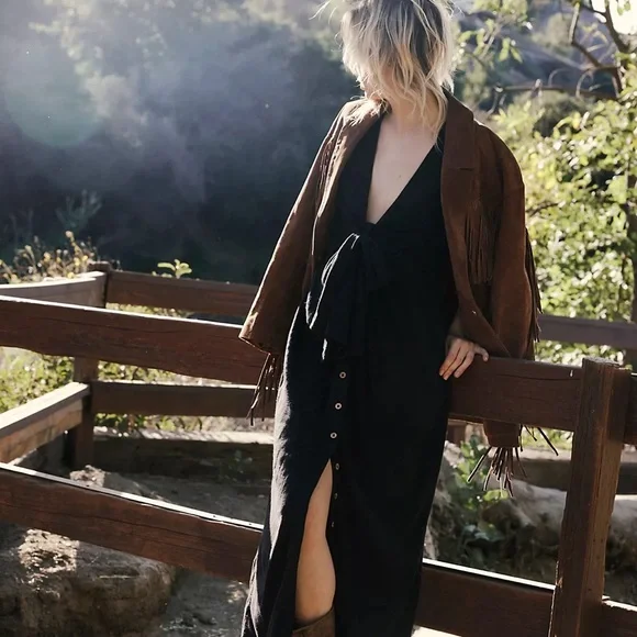 FREE PEOPLE Black Linen Blend Vintage Summer Midi Dress - Picture 2 of 12